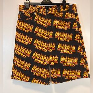 H&M Stranger Things Flames Graphic Black Denim Shorts Button Fly Men’s‎ Size 34